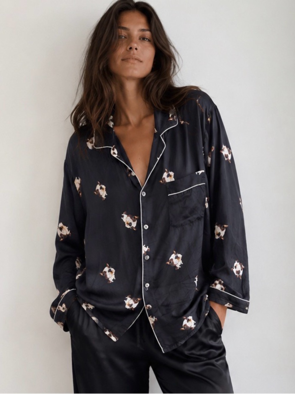 SILKSILKY women’s 100% silk pyjama shirt top French bulldog print relaxed fit M